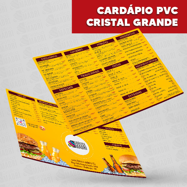 Cardápio PVC Cristal Grande - Gráfica Madri Centro Palhoça SC -