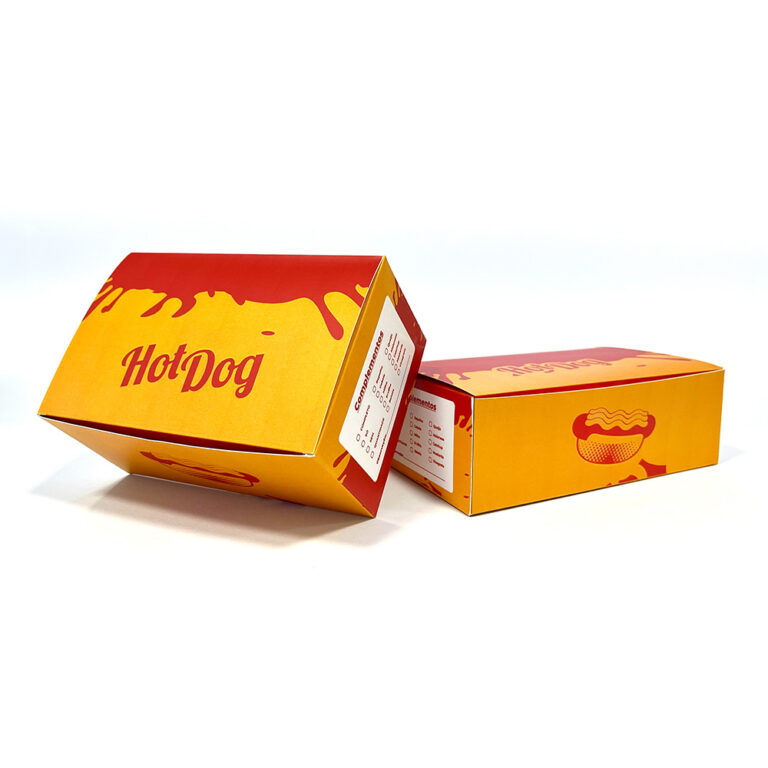 Embalagem Caixa para Hot Dog Personalizada Amarela e Vermelha - Cima e Frente - Gráfica Madri - Florianópolis - Palhoça -
